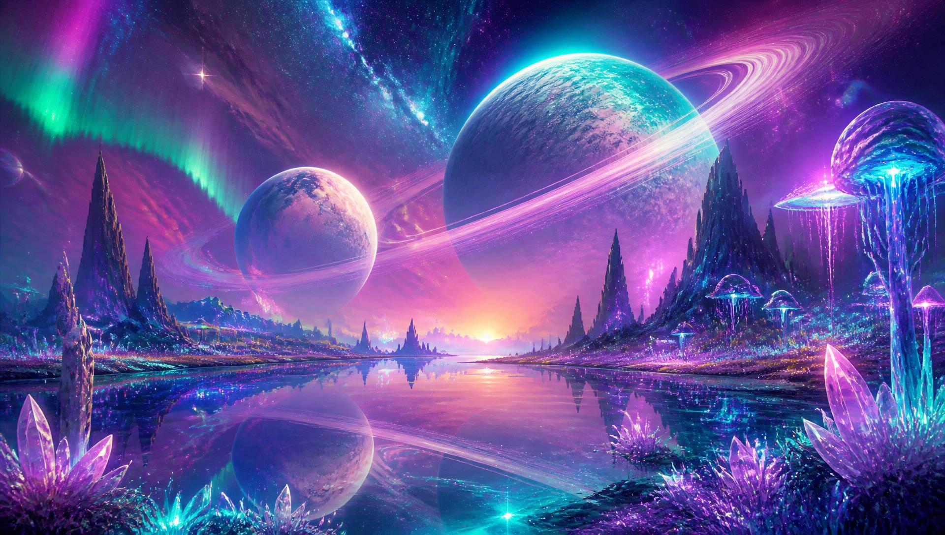 Iridescent alien planet with rings and bioluminescent flora